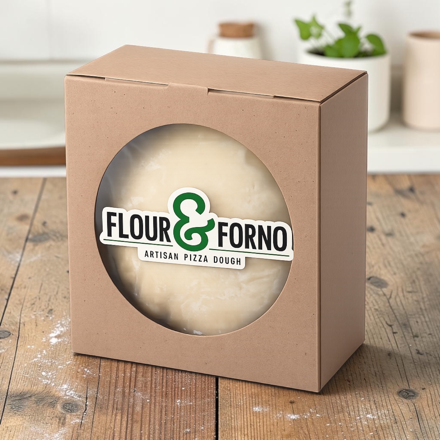 Flour & Forno artisan pizza dough in branded kraft box with window